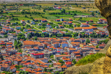 Red roofs of Kalambaka town from Meteora rocks, Greece.