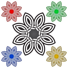 Eight petals flower symbol in Celtic style. Tribal tattoo symbol. Silver stamp for jewelry design and samples of other colors.