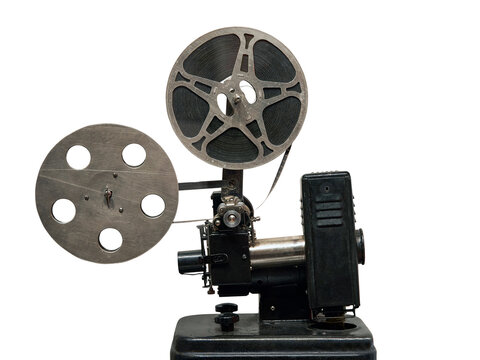 A closeup of a mid-20th century movie projector.