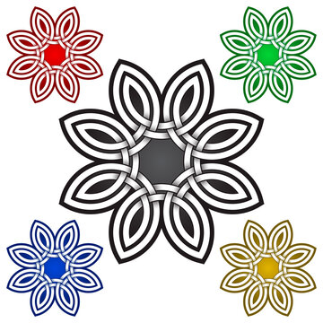 Eight petals flower symbol in Celtic style. Tribal tattoo symbol. Silver stamp for jewelry design and samples of other colors.