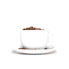 Roasted coffee beans in white coffee cup isolated on white background.