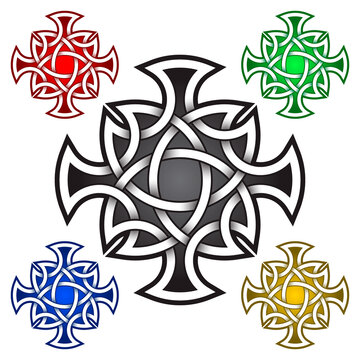 Cruciform logo symbol in Celtic style. Tribal tattoo symbol. Silver stamp for jewelry design and samples of other colors.
