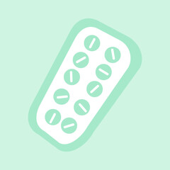 Set of tablet in packaging. Medical blister pack in flat style isolated on a turquoise background. Vector illustration.