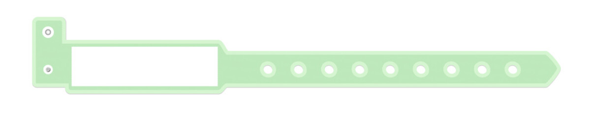 Obraz premium Vector plastic green empty template of bracelet or wristband for a hospital, medical center, party event festival. L shape bracelet with safety lock and place for text or logo isolated on white.