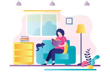 Beautiful woman sitting in chair and read. Smart female character learns, girl pleasure to spend time with book in hands.