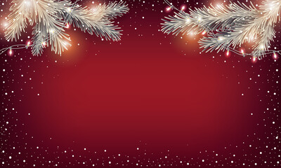 Red Christmas Greeting Card. Frosted Christmas tree decorated with led lights string in snowflakes. Happy Holidays Banner