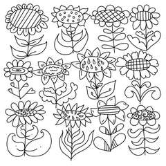 Foto op Aluminium Set of doodle sunflowers with stripes, cells and various decorative elements, vector outline illustration for creativity © SunnyColoring