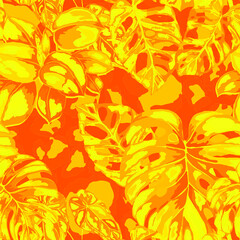 Naklejka na ściany i meble Tropical seamless pattern on animalistic texture. Jungle exotic summer print. Summer tropical leaf. Tropical flower fashion pattern. Floral tropic illustration. Vector seamless pattern. 