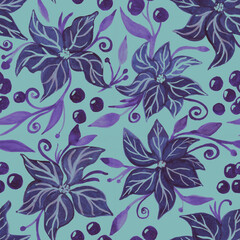 Blue flowers and berries. Gouache-drawn illustrations. Design for fabric, textile, packaging, wallpaper.