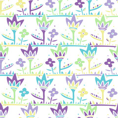 Seamless colourful vector pattern with decorative patch work ornament field spring wildflowers