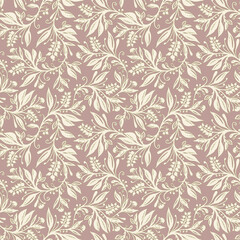 Floral seamless pattern with leaves and berries in cream, taupe and green colors, hand-drawn and digitized. Design for wallpaper, textile, fabric, wrapping, background.