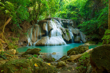 Fototapeta na wymiar Huay Mae Khamin Waterfall. Nature landscape of Kanchanaburi district in natural area. it is located in Thailand for travel trip on holiday and vacation background, tourist attraction.
