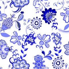 Fototapeta na wymiar Creative seamless pattern with flowers and leaves in ethnic style. Floral decoration. Traditional paisley pattern. Textile design texture.Tribal ethnic vintage seamless pattern. 