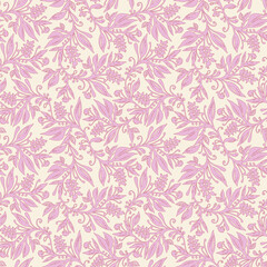 Fototapeta premium Floral seamless pattern with leaves and berries in pink, cream and red colors, hand-drawn and digitized. Design for wallpaper, textile, fabric, wrapping, background.