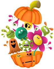 Fototapeta premium The Halloween season has begun. The pumpkin is cut in half. Lots of ghosts have come out and coronavirus is added to the festival