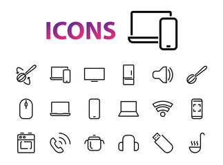 A set of smart devices and gadgets, computer hardware and electronics. Electronic devices icons for web and mobile vector lines. computer, telephone. Editable stroke. 48x48 pixels