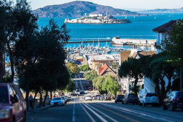 Sea and the Alcatraz Island view from the hills of San Francisco