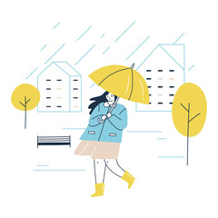 A girl with an umbrella walking in the rain. Vector illustration of a rainy weather in a city in trendy cartoon style. Elements are isolated.