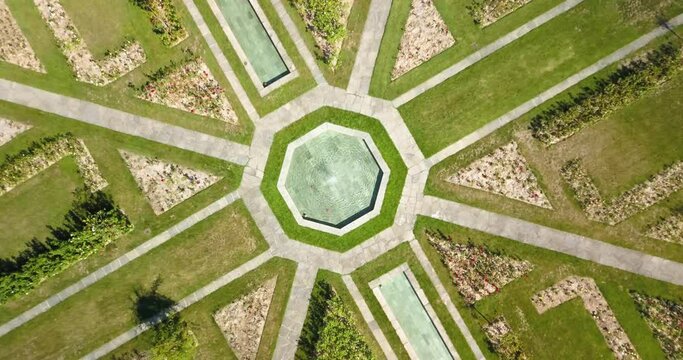 Aerial view of the Roseraie at Parc De La Grange, Geneva, Switzerland. Vue a&eacute;rienne de la Roseraie film&eacute;e par un drone en 4k, Gen&egrave;ve, Suisse.