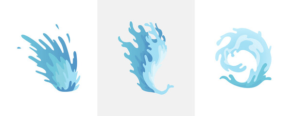 Water splash. Blue water waves set, wavy liquid symbols of nature in motion. Isolated vector design elements