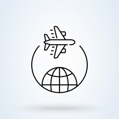 Traveling around the world by plane sign line icon or logo. Travel trip round the world concept. travel vector linear illustration.