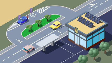 Modern ukrainian public building with quick charge for electric cars and solar station on the roof. In isometric.