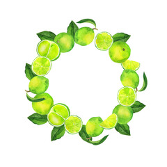 Green lime fruit and leaves round frame. Hand drawn watercolor illustration.