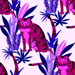 Fototapeta na wymiar Creative seamless pattern with tiger in tropical forest. Bright summer print for any purposes. Trendy style. 