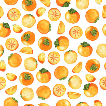 Seamless pattern with fresh persimmon fruit on white background. Hand drawn watercolor illustration.