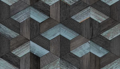 Stof per meter Hout textuur muur Oude ruwe houten oppervlak. Donkere verweerde houtstructuur voor achtergrond. Naadloze houten muur met geometrisch patroon.