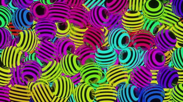 Colorful glossy balls with luminous stripes fill the screen on a black background with alpha channel, ending video with full image closure, 3D rendering
