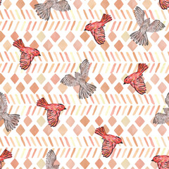 Seamless pattern of red birds in watercolor. Big size jpeg. Ideal for printing, Wallpaper, web, packaging, etc.
