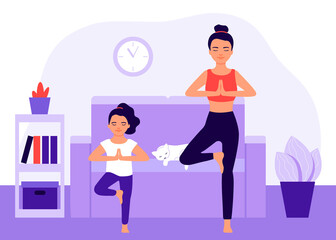 Family womens yoga at home. People do yoga exercise, meditation. Mother with daughter do yoga pose. Vector flat illustration