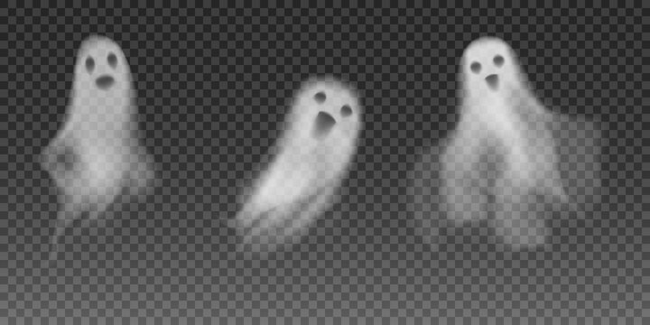 Set of realistic vector ghosts. 3d smokes looking like night ghouls. Halloween illustration of scary poltergeist or phantom
