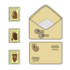 A set of mail packages and emails. Top view, vector illustrations isolated on a brown background. Flat cartoon doodle style.