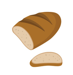 Vector illustration of a long loaf and a slice of the long loaf. Hand-drawn wheat bread set isolated on white background. Baking products. Healthy eating.