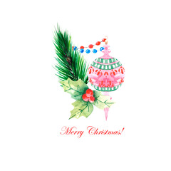 Christmas composition with a green tree branch, glass toy, garlands and Holly. Holiday design for decorating cards, posters, invitations and illustrations on the theme of the New year.