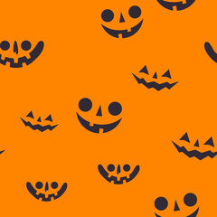 Halloween pumpkin faces seamless pattern. Carved pumpkins texture background.