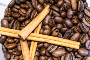 coffee beans and Cinnamon Sticks background