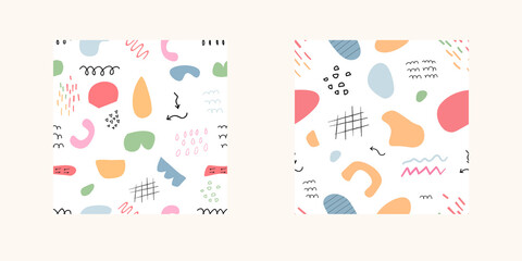 Different Colorful abstract patterns. Various Hand drawn Shapes and Doodle objects. Contemporary modern trendy Vector Seamless patterns. Perfect for textile prints, kids design