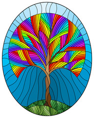 Naklejki  Ilustracja w stylu witrażu z abstrakcyjnym okrągłym tęczowym drzewem na tle zachmurzonego nieba, owalny obraz