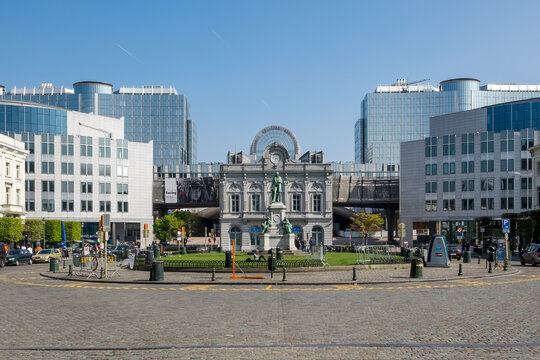 Place du Luxembourg or Luxemburgplein square in the European Quarter of Brussels on 8 April 2020.