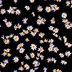 Fototapeta na wymiar Cute vector botanical seamless pattern. Small daisies scatterred. Wild flowers in vintage style. Flat simple floral freehand background for kids, baby and girls design, textile, fabric, wallpaper,