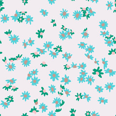 Cute vector botanical seamless pattern. Small daisies scatterred. Wild flowers in vintage style. Flat simple floral freehand background for kids, baby and girls design, textile, fabric, wallpaper,