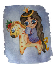 Cute little girl princess on a horse with hearts on a blue pattern background. watercolor Kids collection. hand drawing. Use for kids design, postcards and interior design. High quality illustration