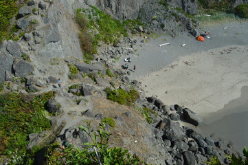 Hiking and camping in the enchanting forest around Shi Shi Beach on the Olympic Peninsula of Washington State, USA