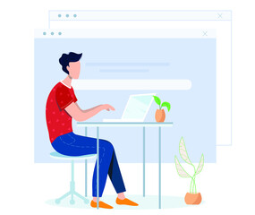 Cartoon programmer at work. Web developer working on laptop in the office. Programming concept. The process of creating web pages. Vector flat illustration.