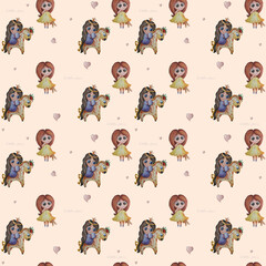 Cute kids collection. Seamless pattern. Cute girls - A little princess on a decorative horse and a girl with a toy hare in her hands on a light background with pink hearts. Watercolor. Hand drawing