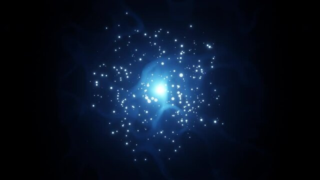 Magic blue sparkle nebula with twisted spark particles - animation background. Clutch of magical energy. Looped 3d video.