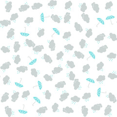 Fototapeta na wymiar Seamless vector rainy pattern with clouds, thunder bolts and umbrellas. Wet weather background for fabric, textile, design, cover, banner. 